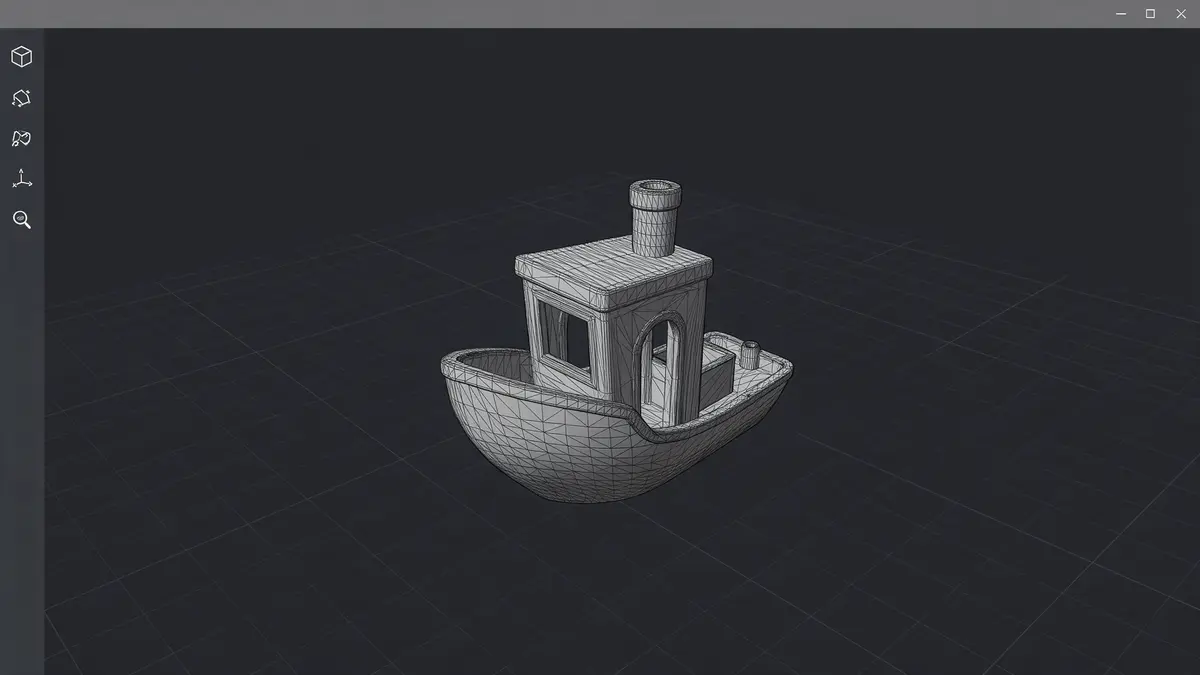 Aperçu du Visionneur : un Benchy en mode filaire dans une interface sombre.