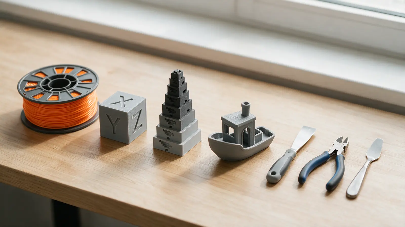 Bobine de PLA orange, cube de test XYZ, tour de température, Benchy et outils posés sur une table en bois
